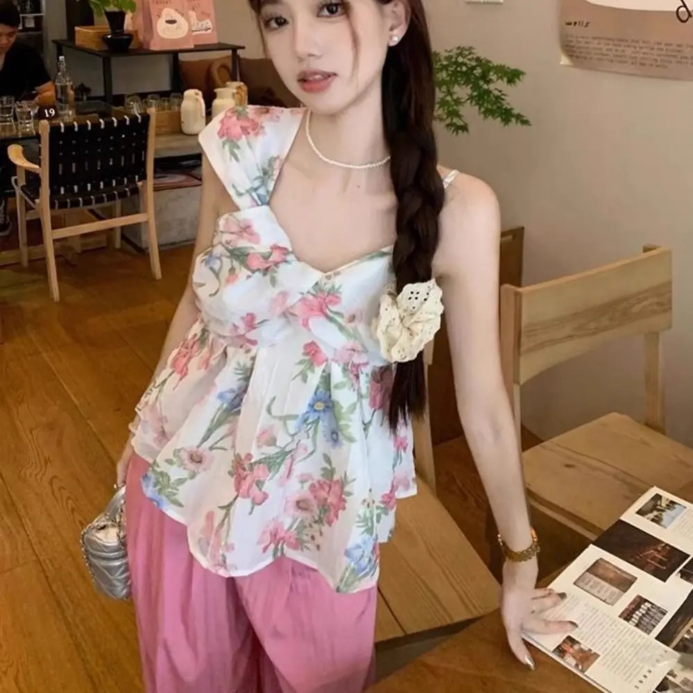 

Women Floral Print Chiffon Strap Top Sweet Japan Style Loose Ruffle Camisole Y2k Vacation Sleeveless Blouse Summer Cute Clothes