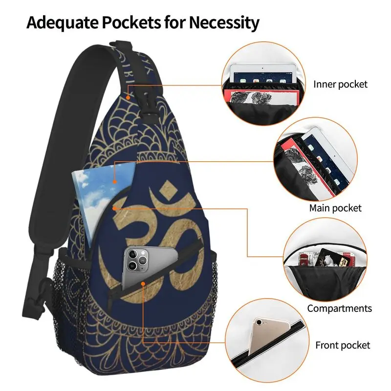 Gold Om Mandala Sling Chest Bag Buddhism Aum Yoga Meditation Crossbody Shoulder Backpack for Men Cycling Camping Daypack