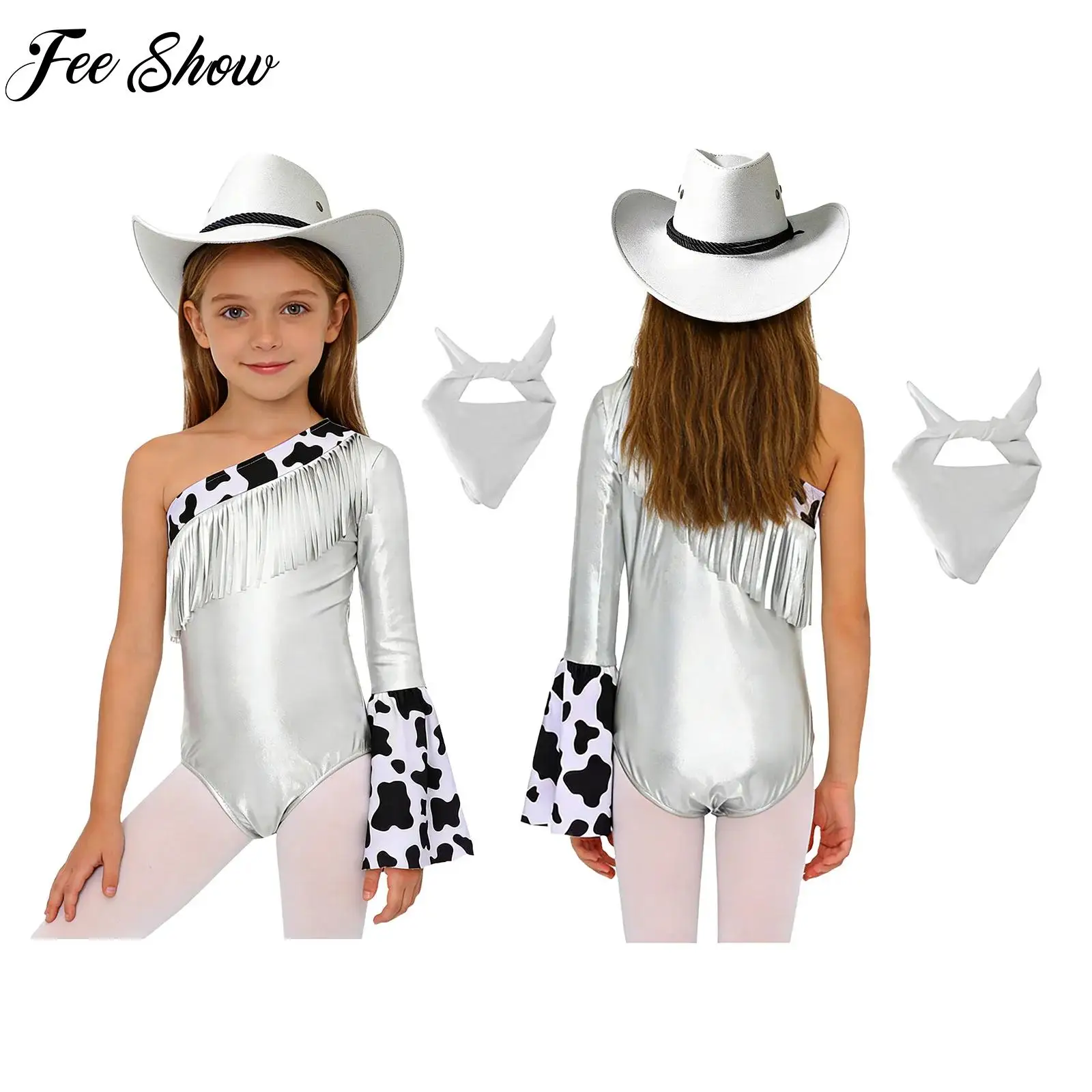 

Girls 3 Pieces Western Cowgirl Roleplay Costume Outfit Left Long Flare Sleeve Fringed Metallic Bodysuit with Hat Bandanna Sets