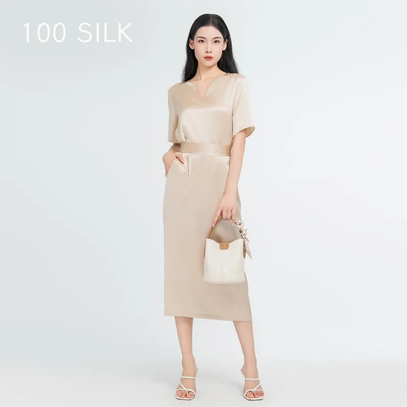 100% Mulberry Silk Women's Two-piece Suit T-Shirt And Bodycon A-line Skirt Summer Casual Style Set V Neck Top Long Skirt Sets