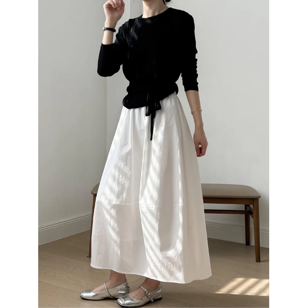 White High Waist Lantern Bloom Half Skirt Summer Midi Puffy Umbrella A-Line Skirt Elegant Style for Young Women