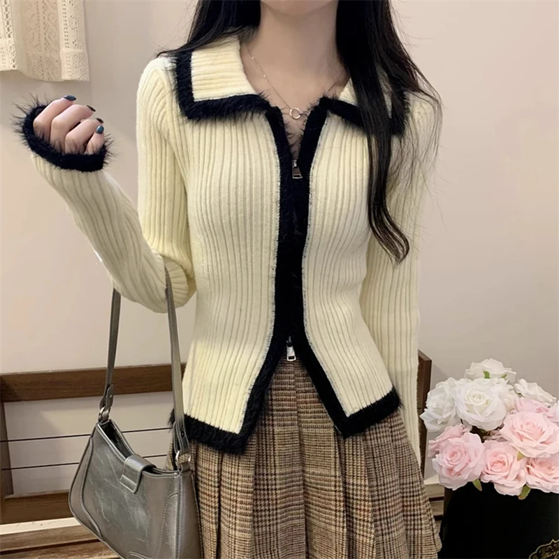 Christmas Red Knitted Cardigans Women New Turn-down Collar Double Zipper Slim Short Sweater Coat Fashion Hotgirl Female Tops