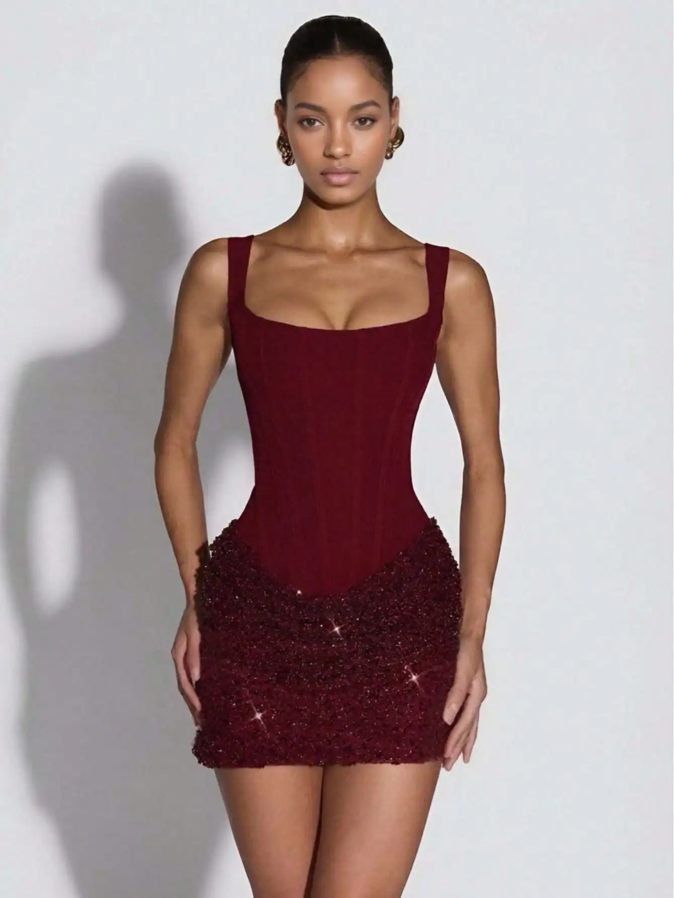 

Burgundy Square Neck Bodycon Mini Dress with Sequined Skirt