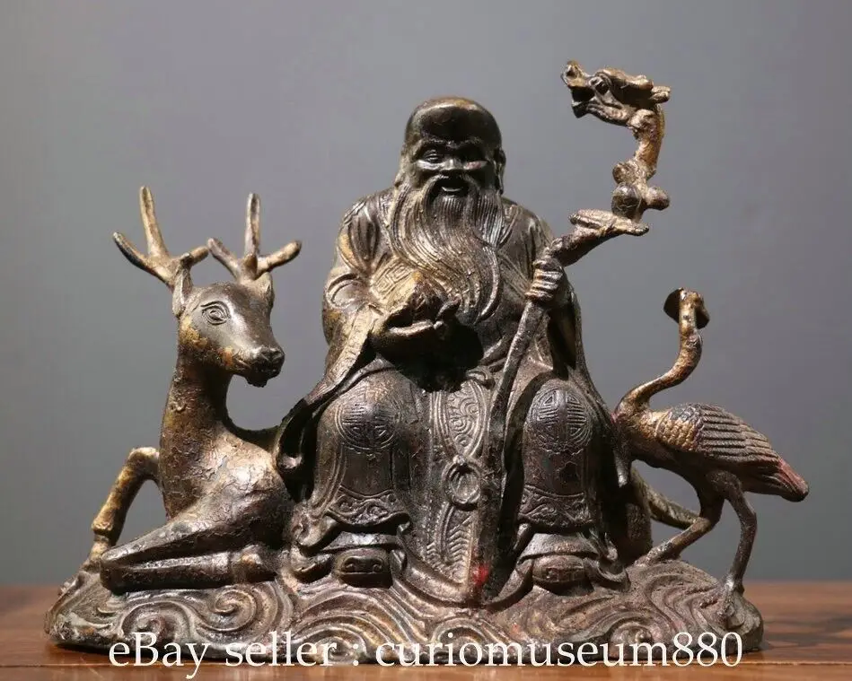 

8.2-Inch Vintage Chinese Bronze Gold-Plated Buddha Statue of Longevity God Fu Lu Shou Sculpture gilded Brass