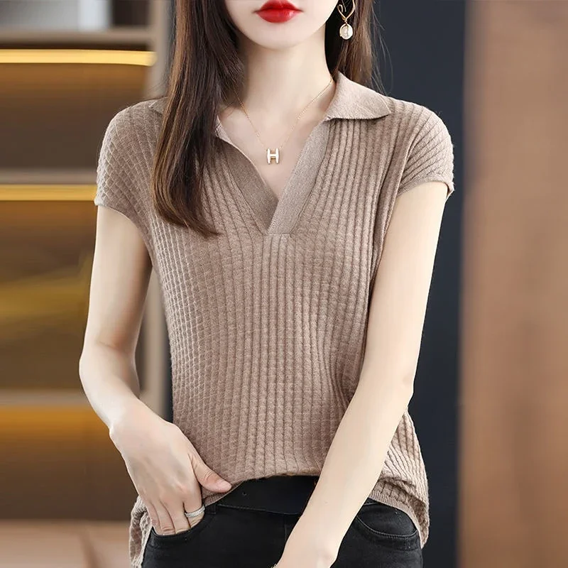 Plain T-shirt Woman Clothing Tops Short Sleeve Tee Knit Polo Neck Shirts For Women New Offer Comfortable Summer 2024 V Luxury