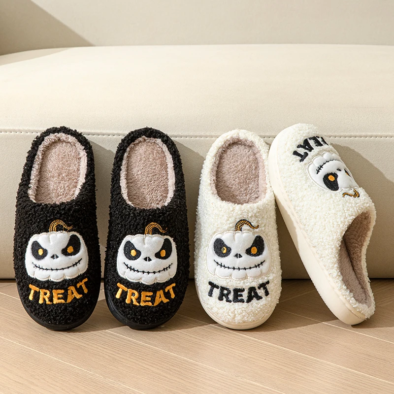 Halloween Pumpkin Embroidered Cotton Slippers Women Winter Comfortable Soft Sole Couple Shoes Woman Non Slip Flat Plush Slides