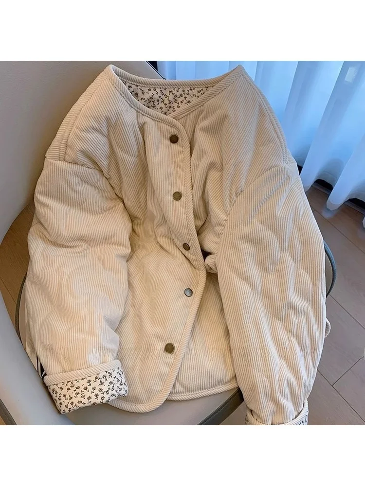 Women's Loose Fit Cotton Jacket Quilted Velvet Paneling Winter Outerwear Korean Style Commute Fashion Pear Body Type