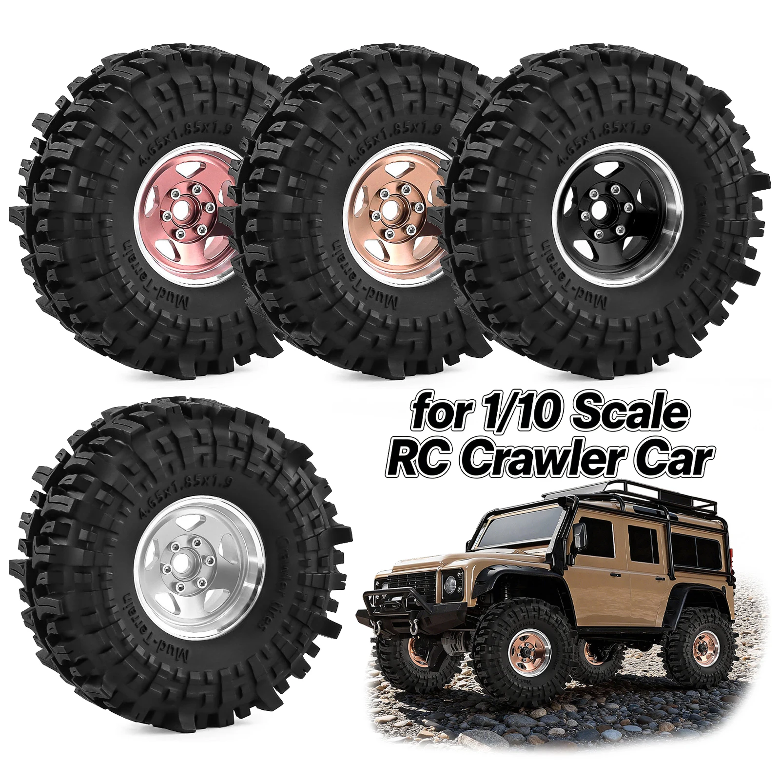 

4pcs 1.9 inch Beadlock Wheel Rim Tire for 1/10 Axial SCX10 II III TRX4 TRX6 GEN7/8 D90 VS4-10 RC Crawler Car Upgrade Accessories