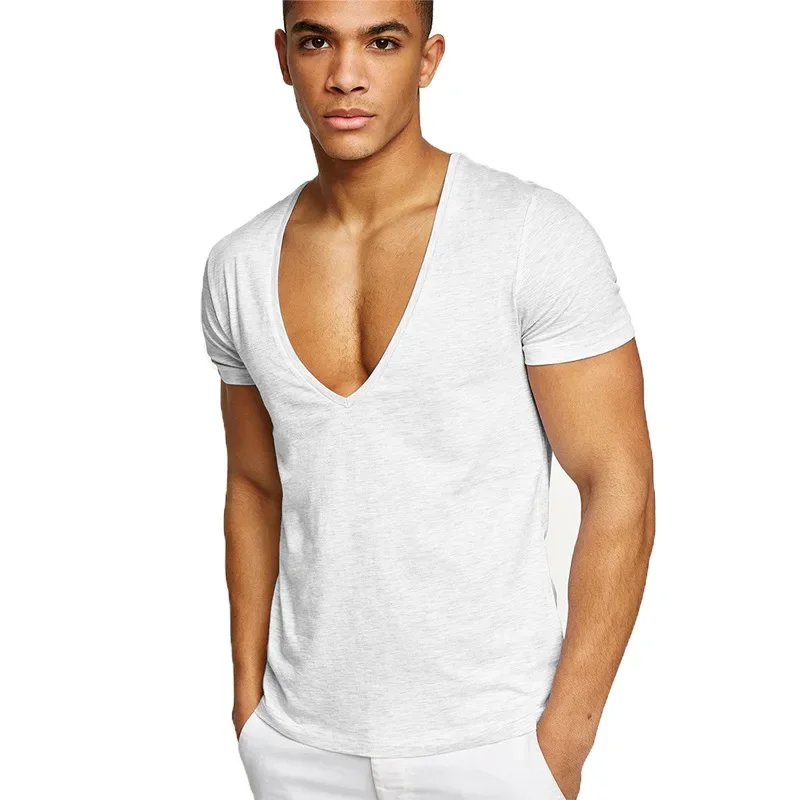 MRMT 2024 Brand New Men\'s Fitness And Leisure Summer Cotton Sweat-Absorbent Solid Color European Size Deep V-Neck T-Shirt Tops