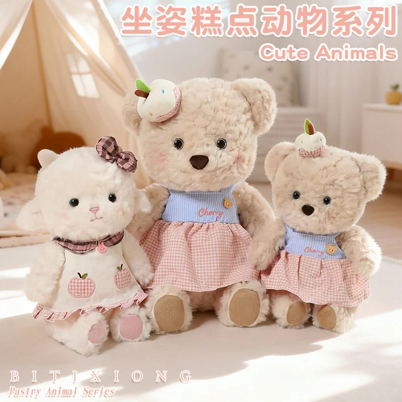 Sweet Lamb Plush Stuffed Doll, Plaid Bow and Apple Embroidery Ruffle Dress, Soft White Curly Sheep Plush Toy for Gifts.