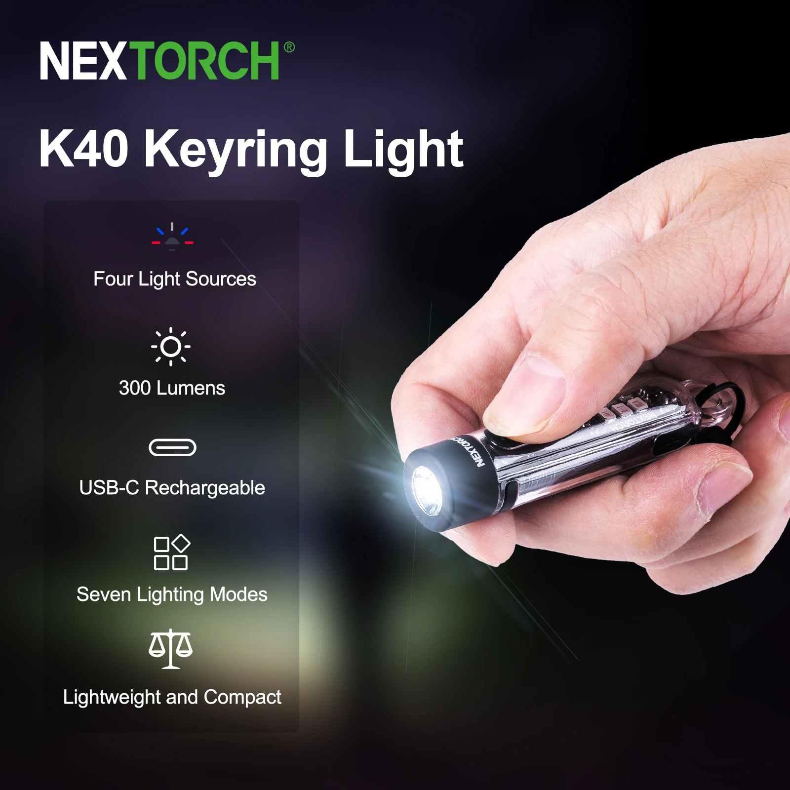 Nextorch K40 Mini Keychain LED Flashlight, Rechargeable Type-C Keyring Light, Super Bright EDC Torch with Pocket Clip Keyring