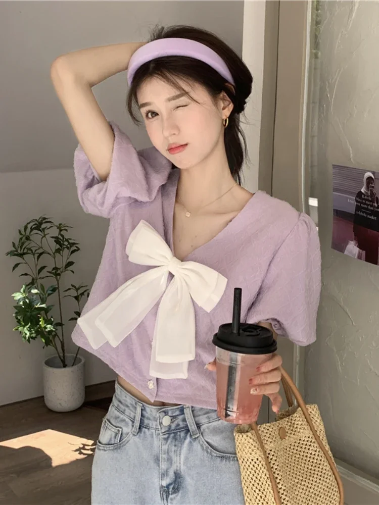 

Рубашки с пышными рукавами и v-образным вырезом, женская однотонная летняя одежда, милые элегантные топы в стиле Харадзюку в корейском стиле, шикарные укороченные топы