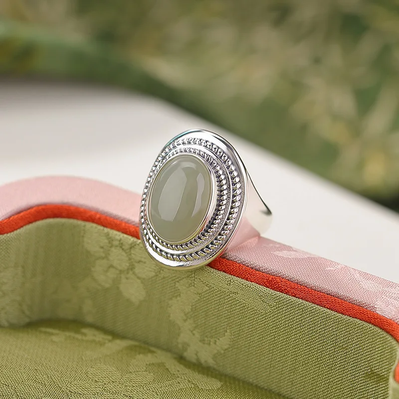 Amxiu Sterling Silver 925  Natural Hetian  Clear Water Jade Oval Wide Surface Tooth Pattern Silver Ring