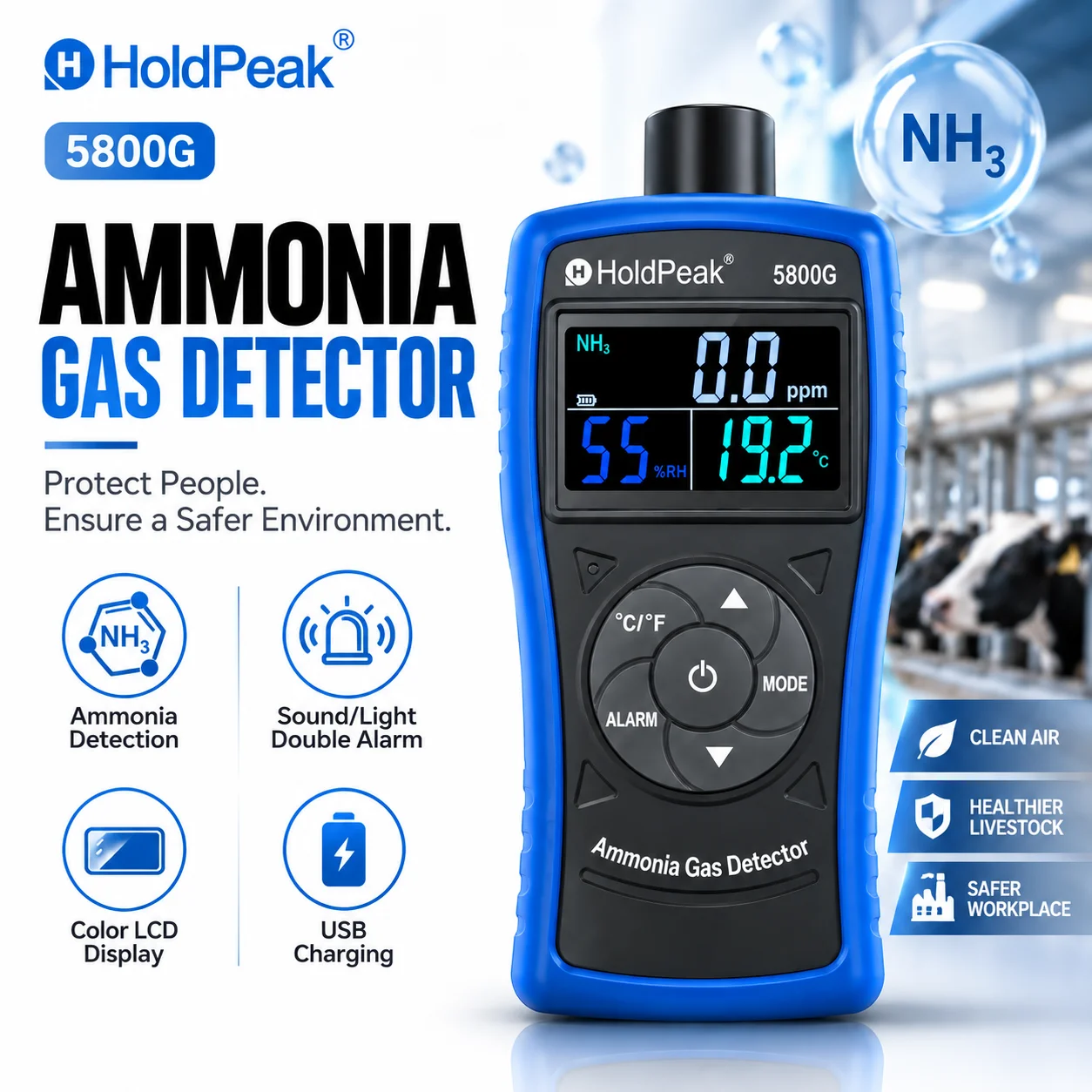 Ammonia Gas Detector 0-100 PPM NH3 Monitor with Alarm Digital Ammonia Meter Temperature Humidity Tester for Poultry Farm Chicken