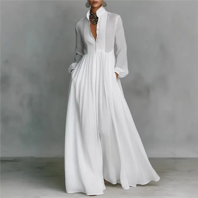 Elegantes Einreihiges Langes Kleid für Damen 2026 Französischer Stil Hohe Taille Einfarbig mit Taschen Plissiertes Maxi-Abendkleid