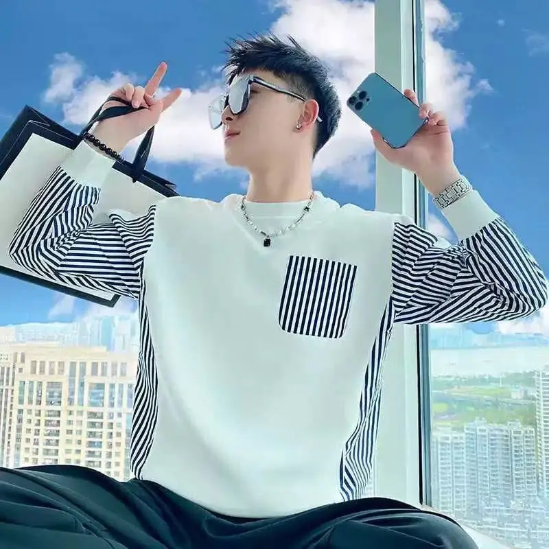 

Мужская толстовка в полоску, осенняя новая молодежная модная базовая рубашка с круглым вырезом и длинными рукавами JJ196