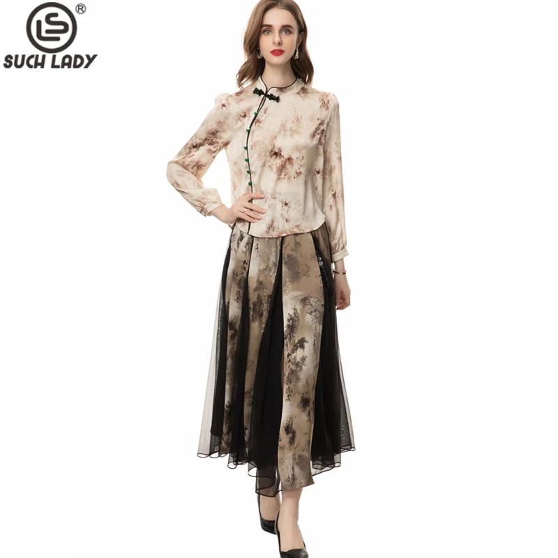 

Women's Runway Designer Two Piece Dress Stand Collar Long Sleeves Blouse with Printed Skirt Fashion Twinset Sets