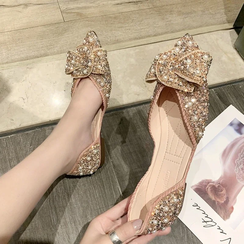 Women Summer Rhinestone Female Flat Shoes Female Korean Version Bow Tie Shallow Mouth Toe Tip Women\'s Single Shoes