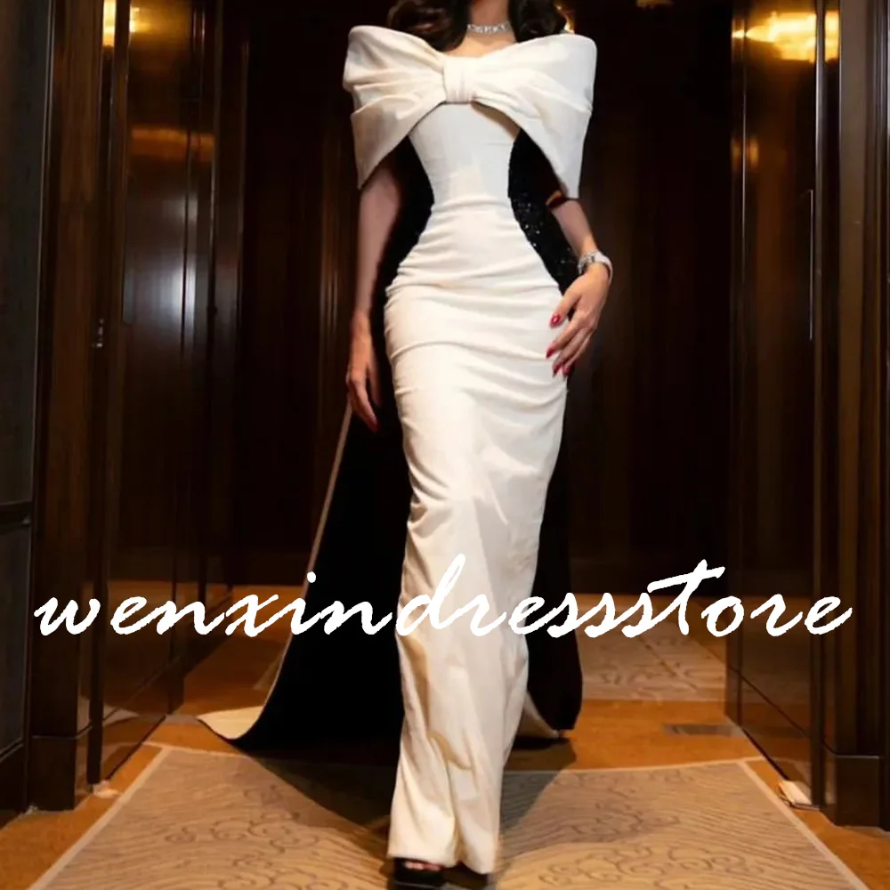 Satin Off the Shoulder Straight Half Sleeves White Evening Dress Elegant Floor Length Pleats Crystal Watteau Train Party Gowns