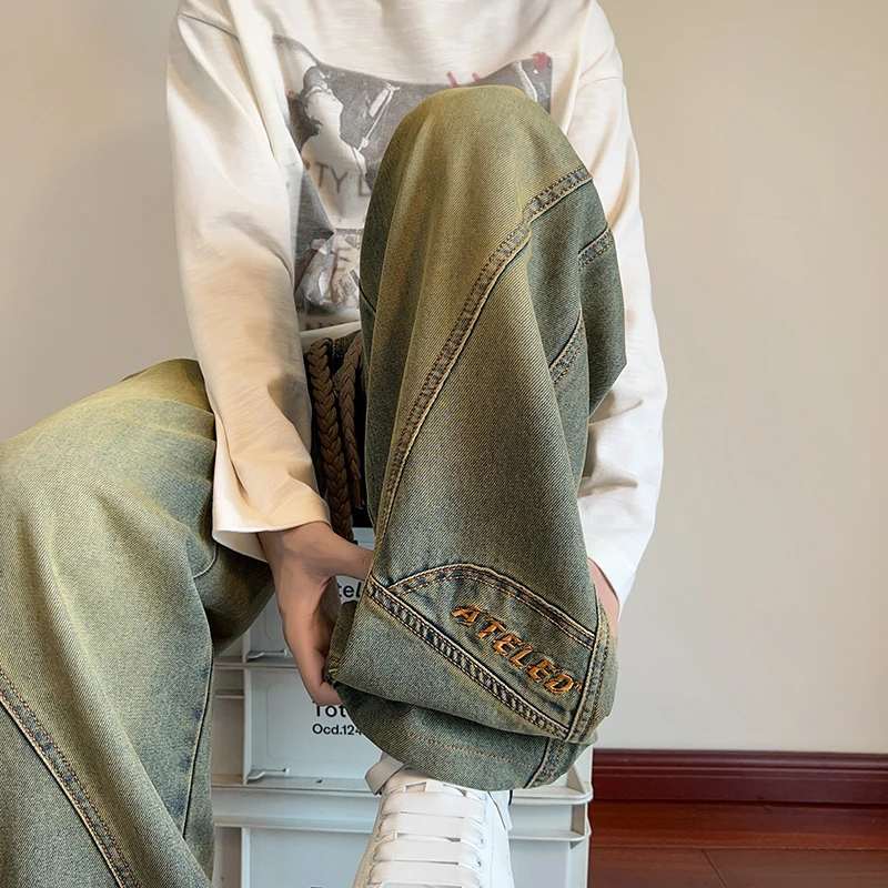Men's Jeans Man Pants Loose Fit Embroidery Casual Wide Leg Spring Autumn New Denim Big Size