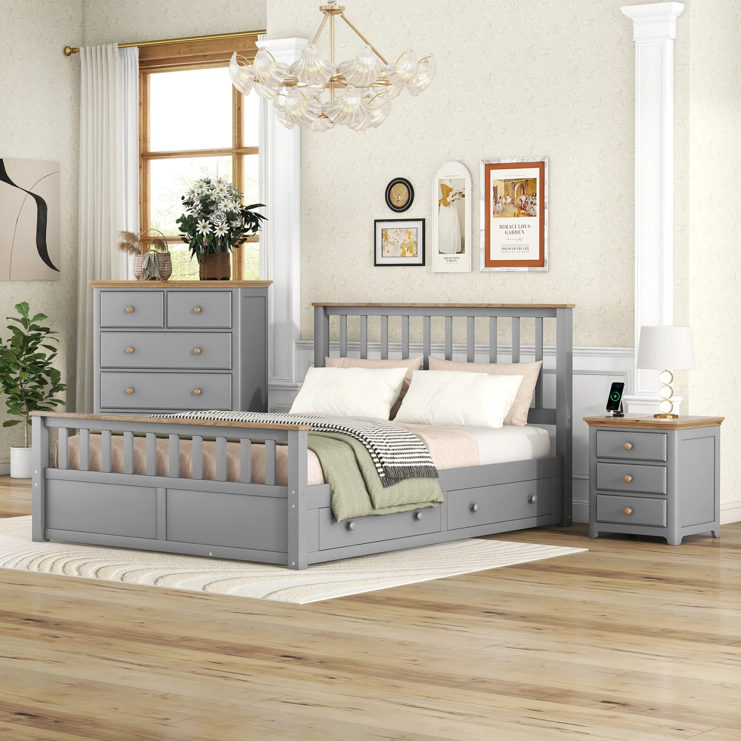 

3-Pieces Bedroom Sets Queen Size Platform Bed with Nightstand(USB Charging Ports) and Storage Chest,Gray+Natrual