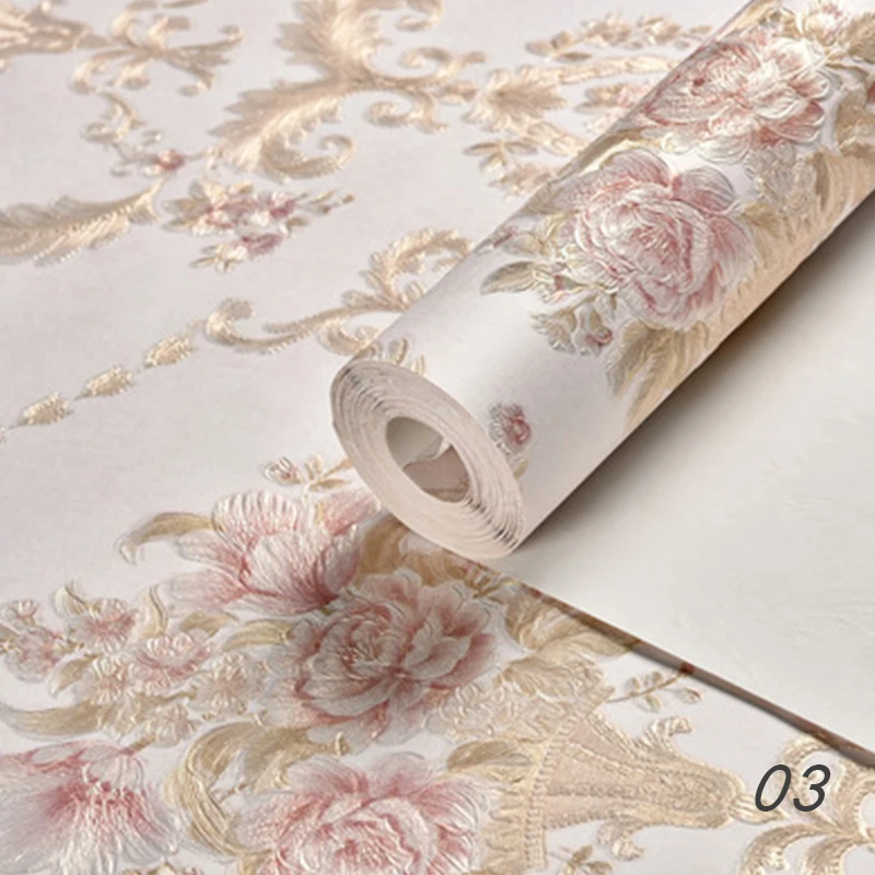 European Style Non-Woven Wallpaper 3D Floral Printed Wall Paper Self-Adhesive Waterpoof Stickers Livingroom Ornament Home Decor