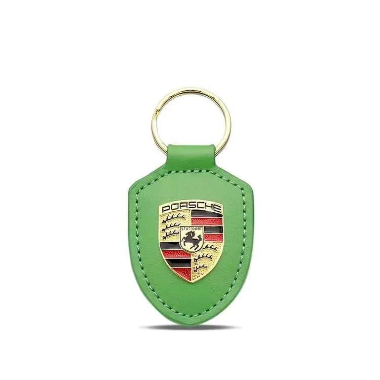 1PC Car Leather Keychain Shield Type 3D Emblem Key Ring Auto Accessory For Porsche 911 718 Taycan Panamera Cayenne Macan Cayman