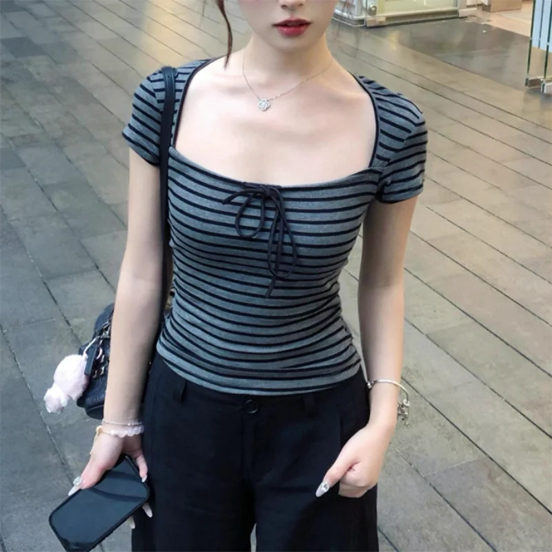 Camiseta de manga corta a rayas con cuello cuadrado y tirantes para mujer, Top picante ajustado de verano para chica