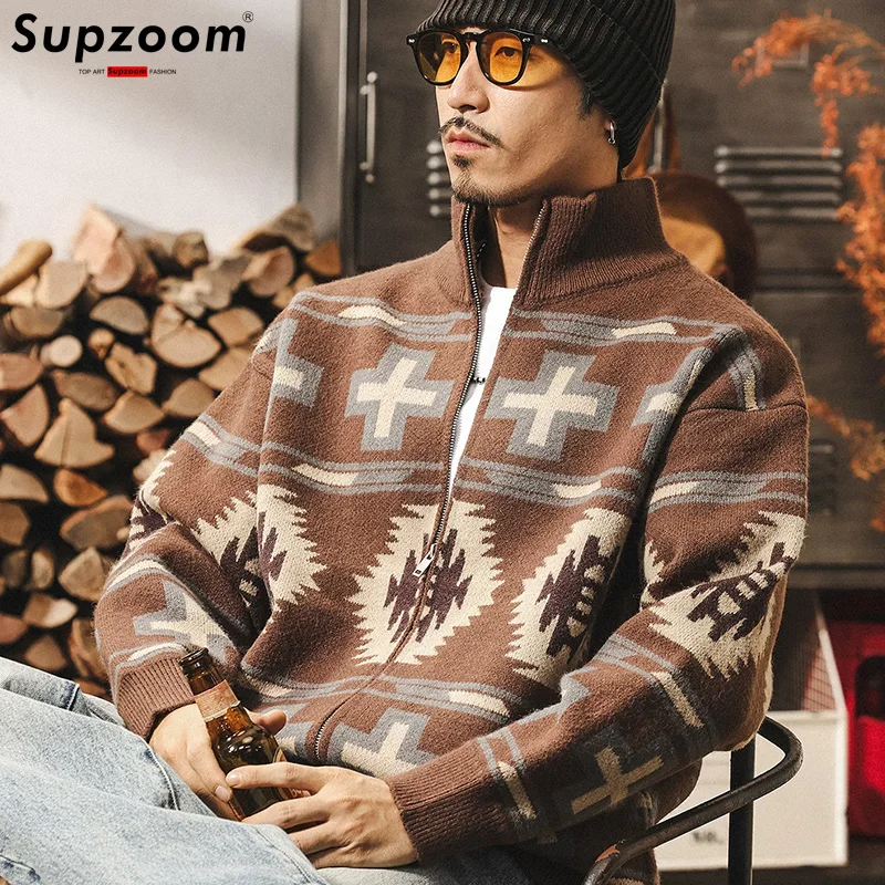 

Supzoom 2025 Новинка: Модный мужской кардиган-свитер на молнии из хлопка с жаккардовым узором, длинными рукавами, повседневный стиль