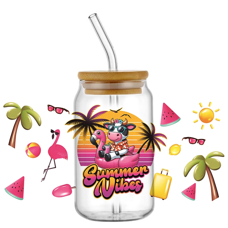 

Summer Vibe Cute Animal Pattern 3D Decal 16oz UV DTF Cup Wrap Transfers Stickers Washable Custom Logo DIY Mug Sticker