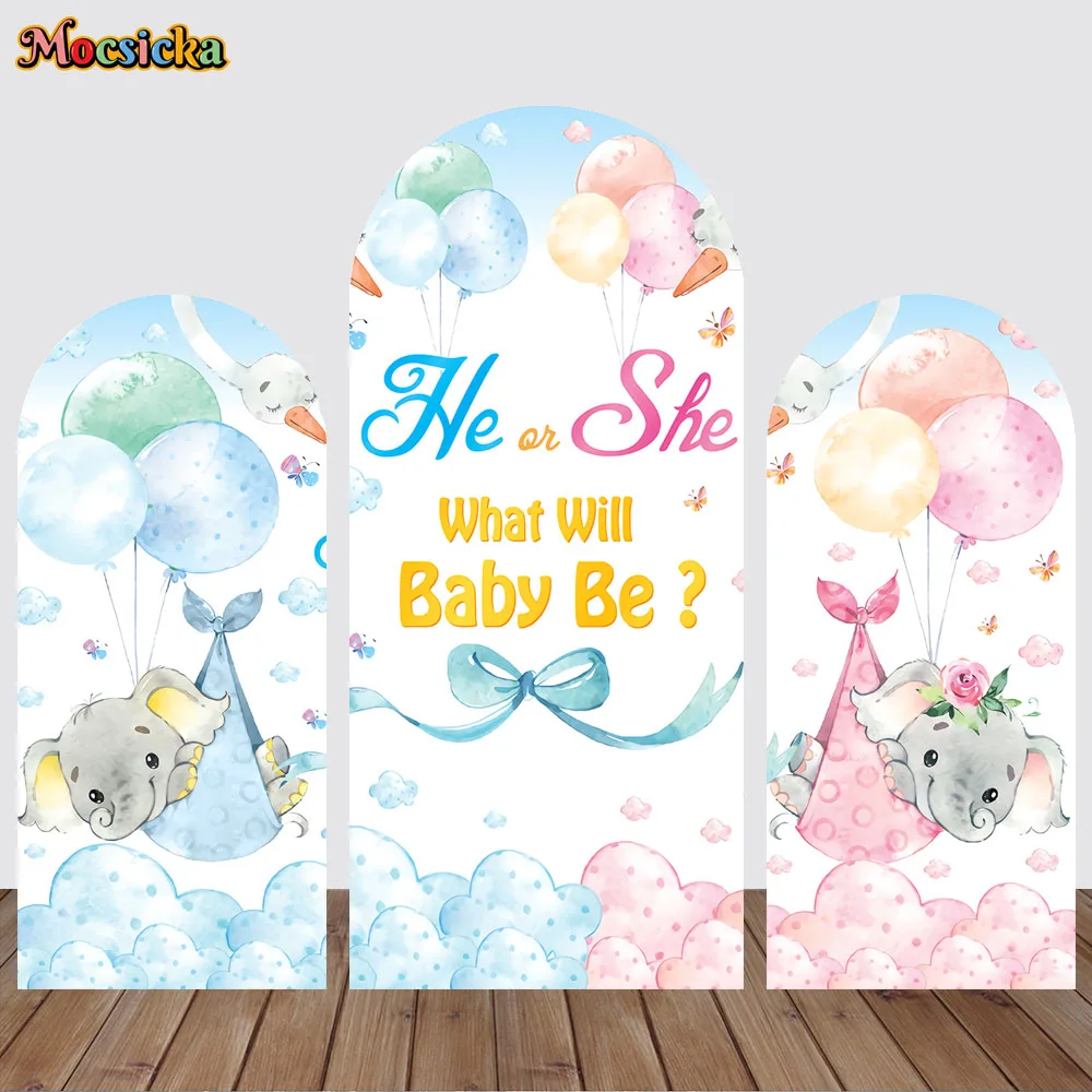 

Gender Reveal Party Arch Backdrops Double-Sided Cover Cute Elephant Baby Shower Birthday Party Decorative Background Photocall