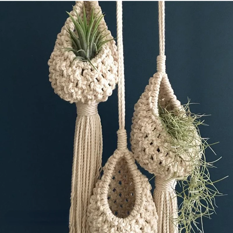 Macrame Rope Plant Wall Hanging Tassel Flower Basket Net Bag Tapestry Cotton Boho Chi Woven Wall Art For Apartment Dorm