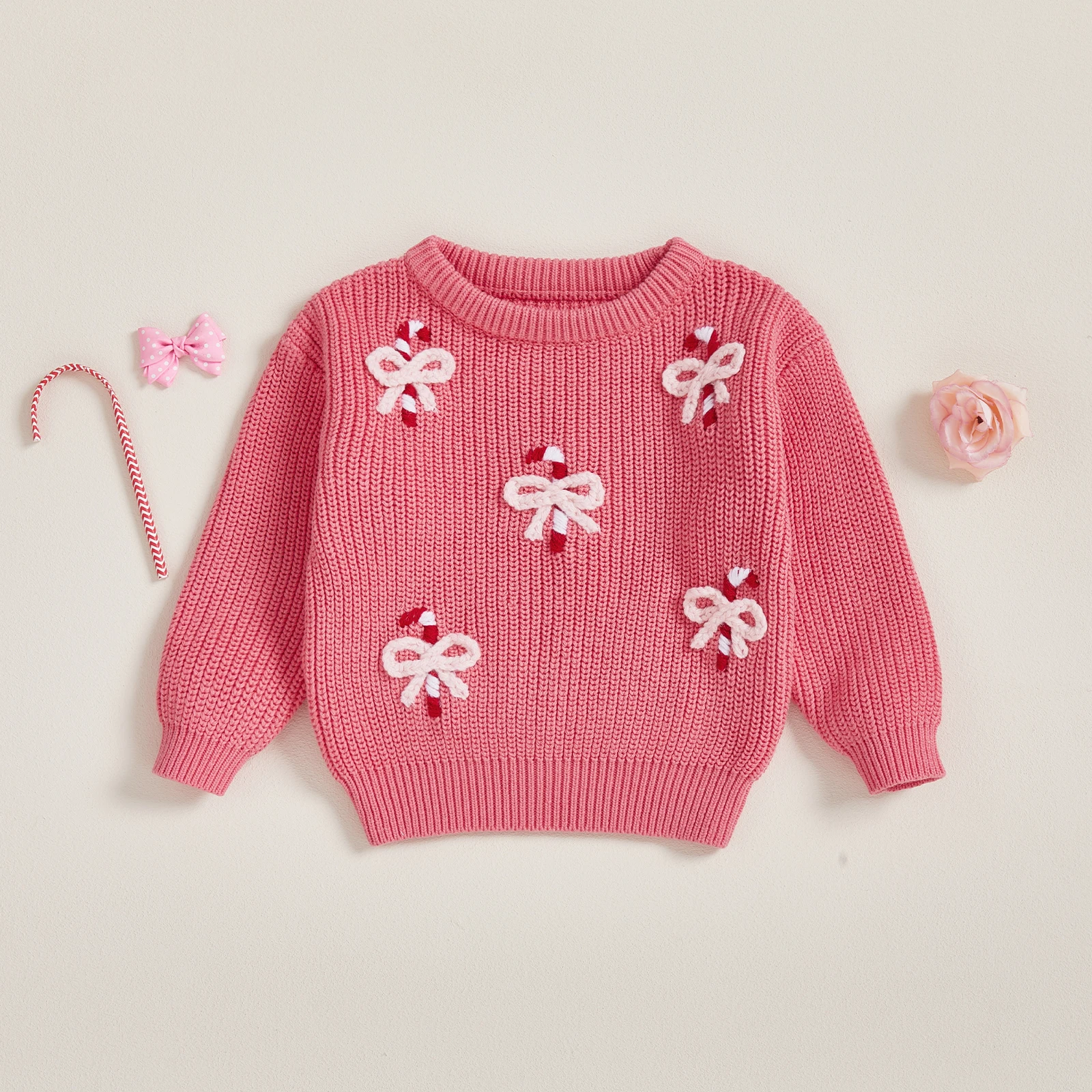 

Tregren Infant Baby Girls Christmas Sweater Casual Bow Candy Cane Embroidery Infant Pullover Knitwear for Toddler Warm Clothes