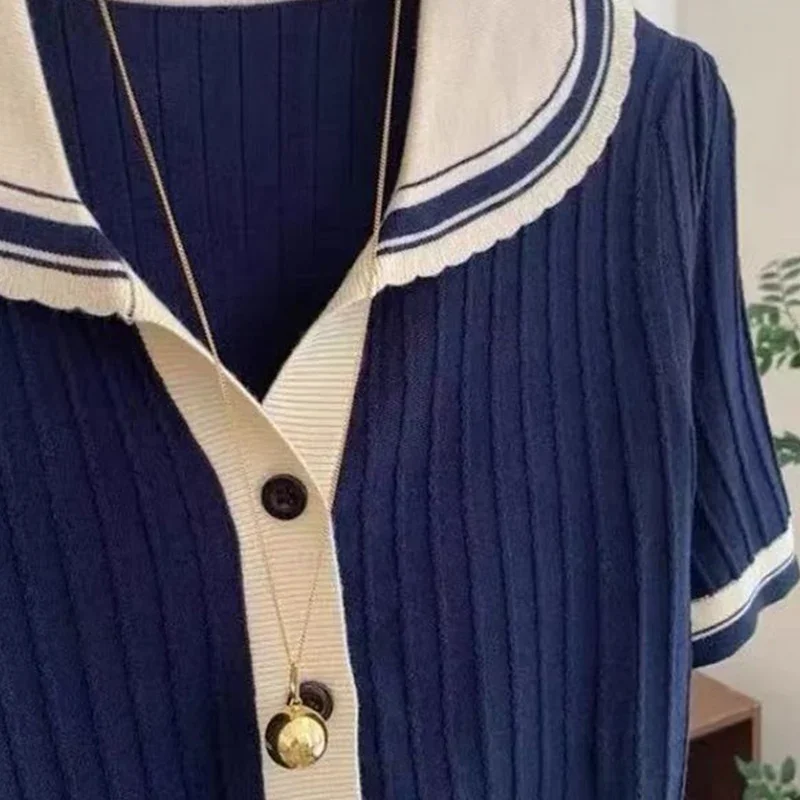 الإناث Preppy نمط المرقعة أزرار بحار طوق الحياكة سترة الصيف ملابس حريمي عادية الكشكشة تي شيرت المرأة تي شيرت علوي