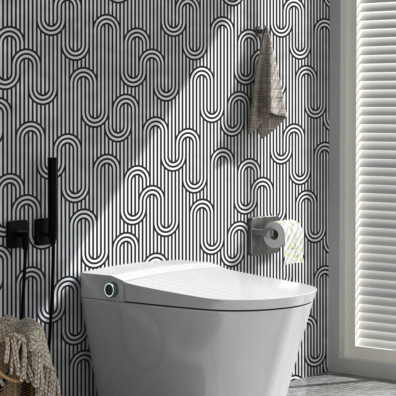Black White Geometric Arch Stripe Peel and Stick Wallpaper Modern U Shape Line Contact Paper for Renters Furniture Renovation