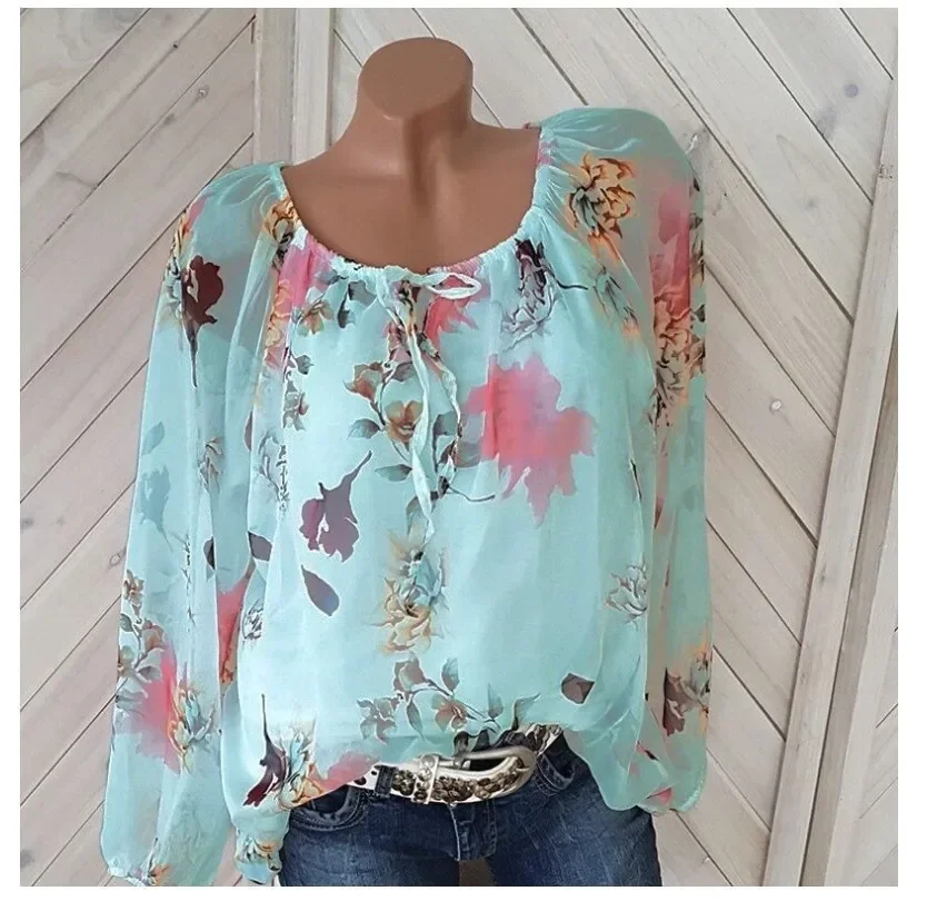 Summer Floral Printed Elegant Fashion Woman Blouses Tops Patchwork Loose Drawstring One Line Collar Vacation Oversized Shirt