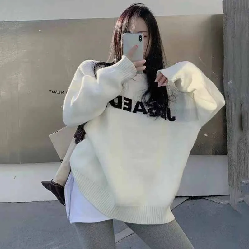 

Harajuku свитер с буквенным принтом, женский осенне-зимний утепленный вязаный пуловер, женский корейский модный уличный свитер, свободные свитера