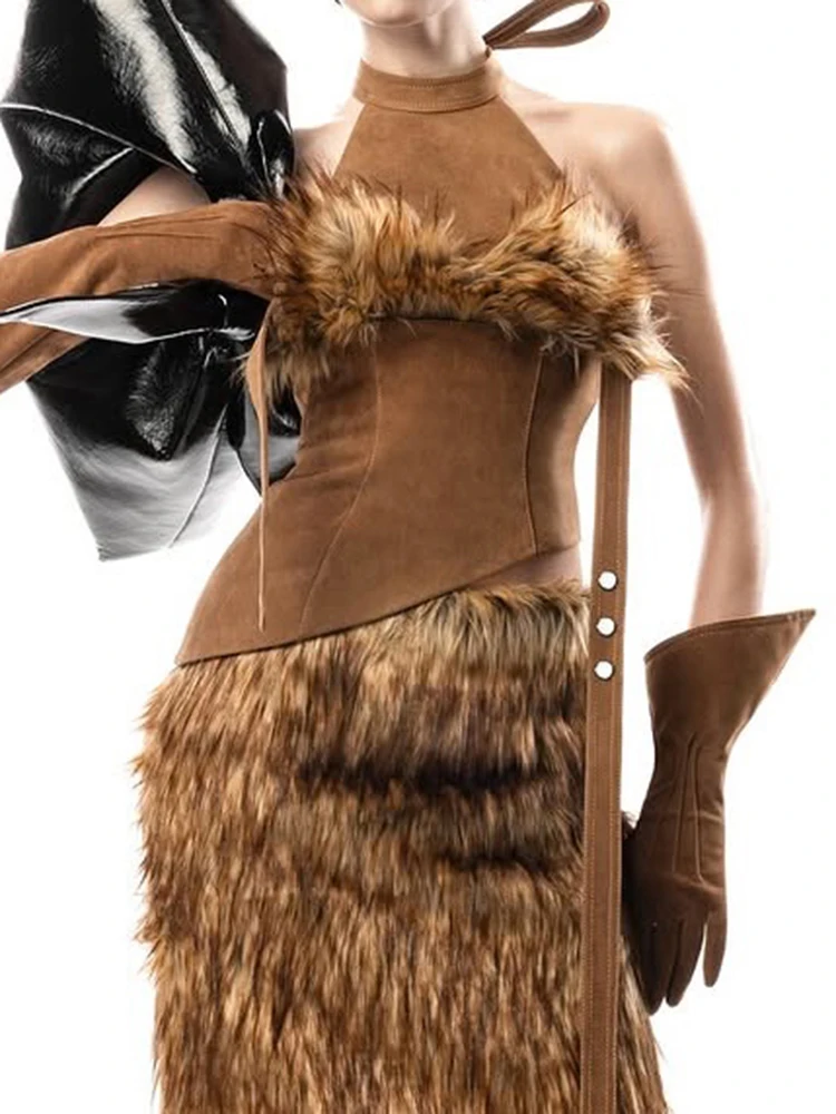 

Nibber Fashion Bandages Tank Top Women Sexy Furry Patchwork Ribbon Metal Button Wild Backless Irregular Hem Party Streetwear