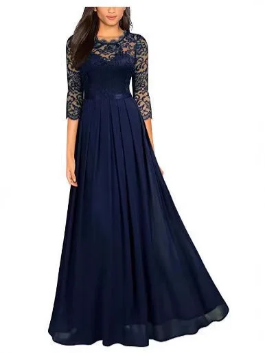 Lace Patchwork Chiffon Evening Dress Crew Neck Maxi Gown Sexy S-XXL