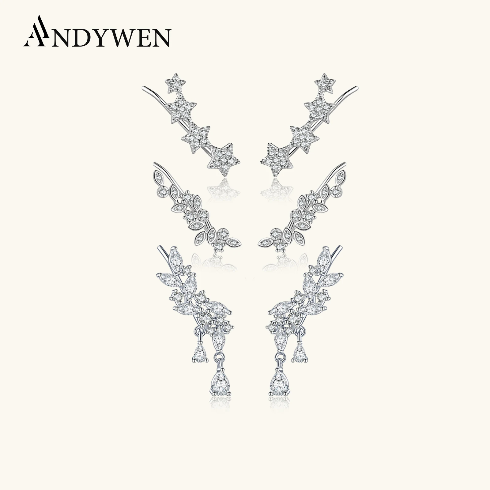 ANDYWEN 925 Sterling Silver Leaf Shape Star Zircon CZ Climber Stud Earring 2025 Women Luxury Wedding Fine Jewelry Gift