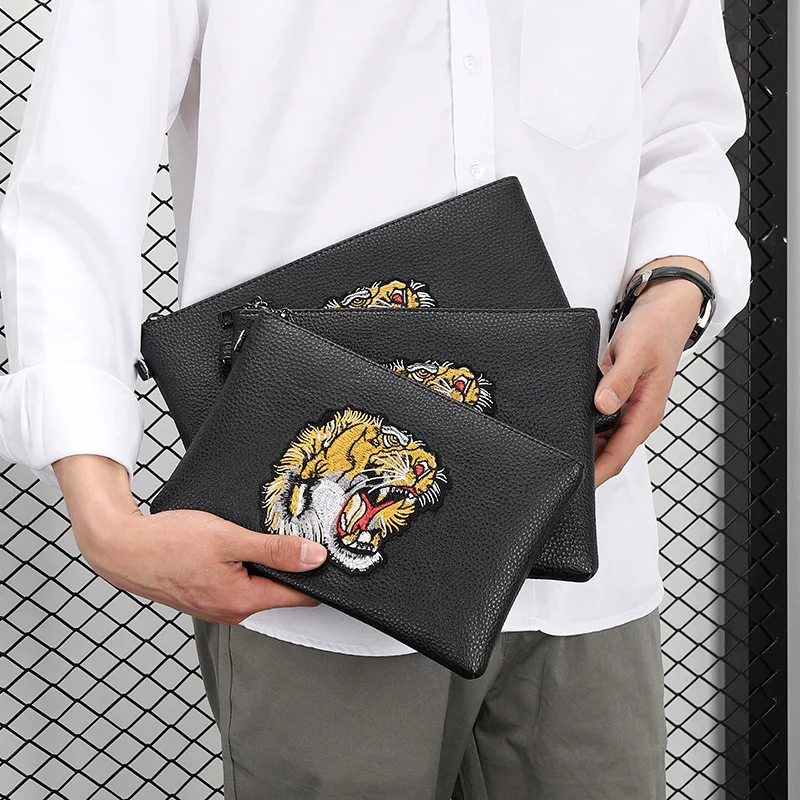 Men\'s Tiger Head Embroidered Clutch Bag PU Envelope Handbag