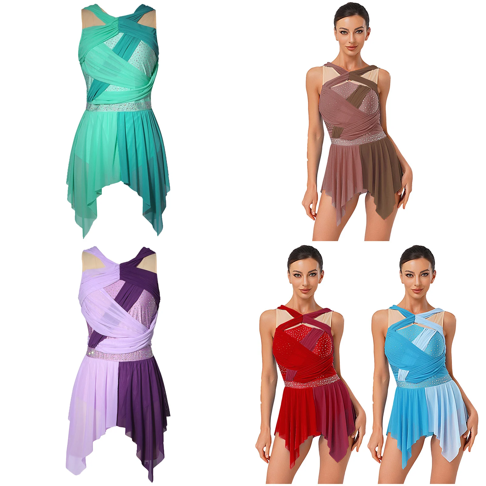 Robe de danse contemporaine scintillante pour femmes, justaucorps en strass avec nœud froncé, ourlet irrégulier pour scène lyrique