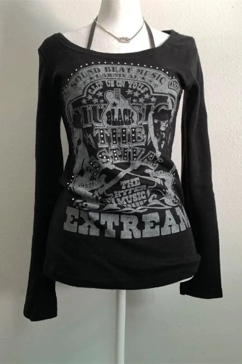 

Women's Long Sleeve T-shirt Retro subculture spicy girl print niche Casual Early Autumn Tops Fashion and self-cultivation
