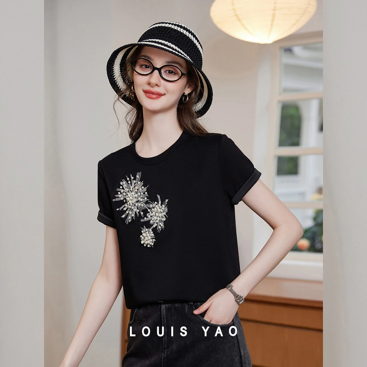 LOUIS YAO Elegant Beaded Floral Women Knit T-shirt 2026 Spring Soft Cozy Slight Stretch Slim Short Sleeve Top For Women