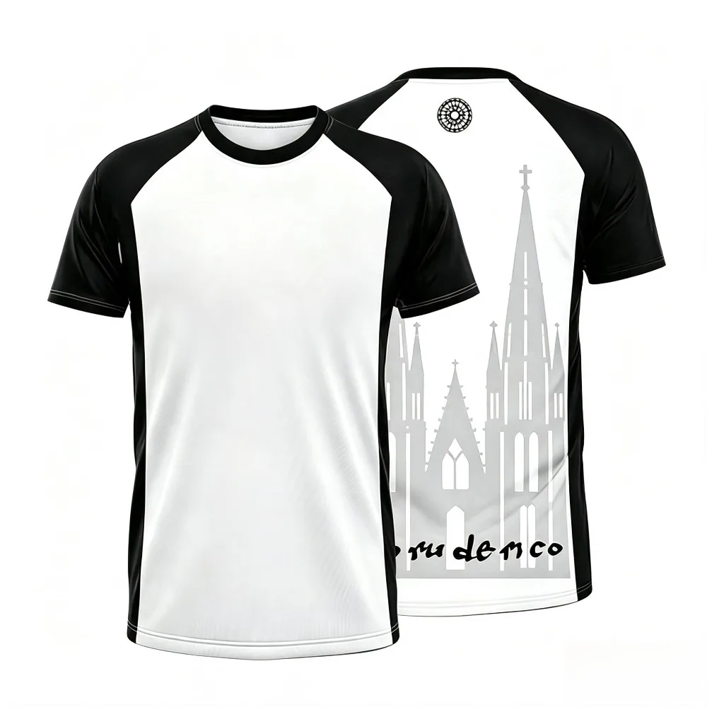 Cathedral Building Silhouette Print Men Raglan T Shirt Black White Splicing Breathable Casual Sports Short Sleeve Tee