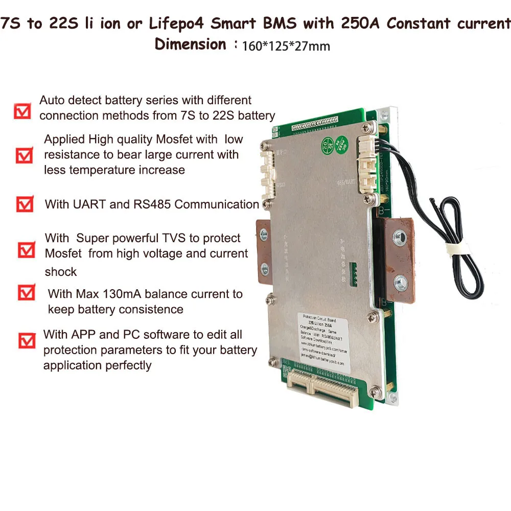6S 7S 24V 10S 36V 13S 14S 48V 16S 17S 60V 20S 21S 72V 150A 200A  250A Smart BMS With UART  RS485 Communication