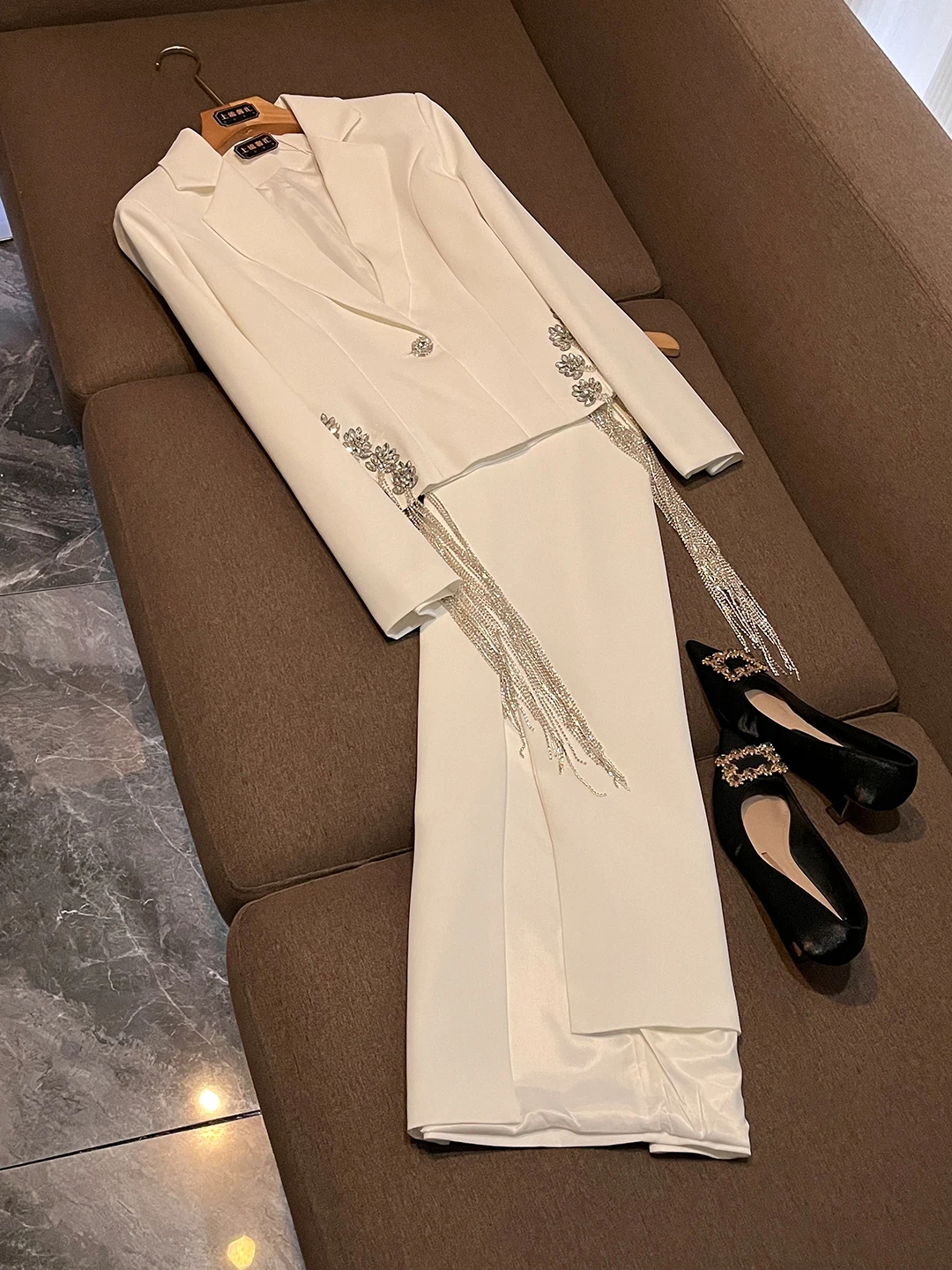 

Fringed Suit Coat And Skirt Set Women's Fashion Spring Ensemble Heavy Embellishment Two-Piece Polyester Fiber