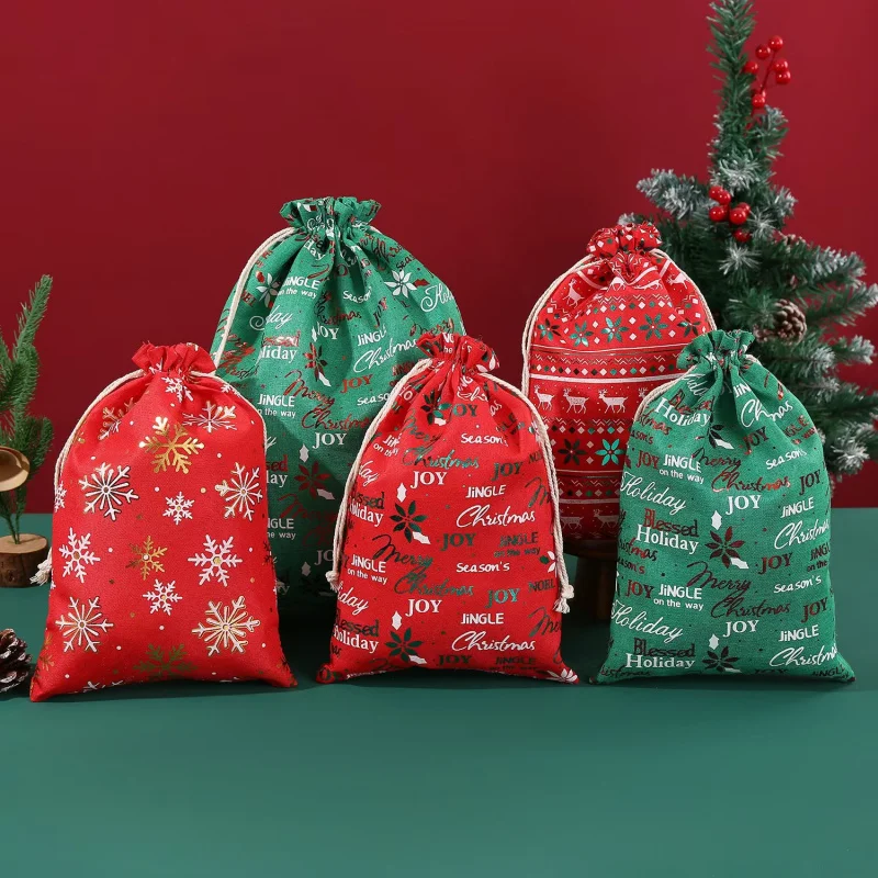 

10pcs Gold-Foil Linen Drawstring Bags - Large Christmas & Birthday Favor Pouches for Candy Gifts