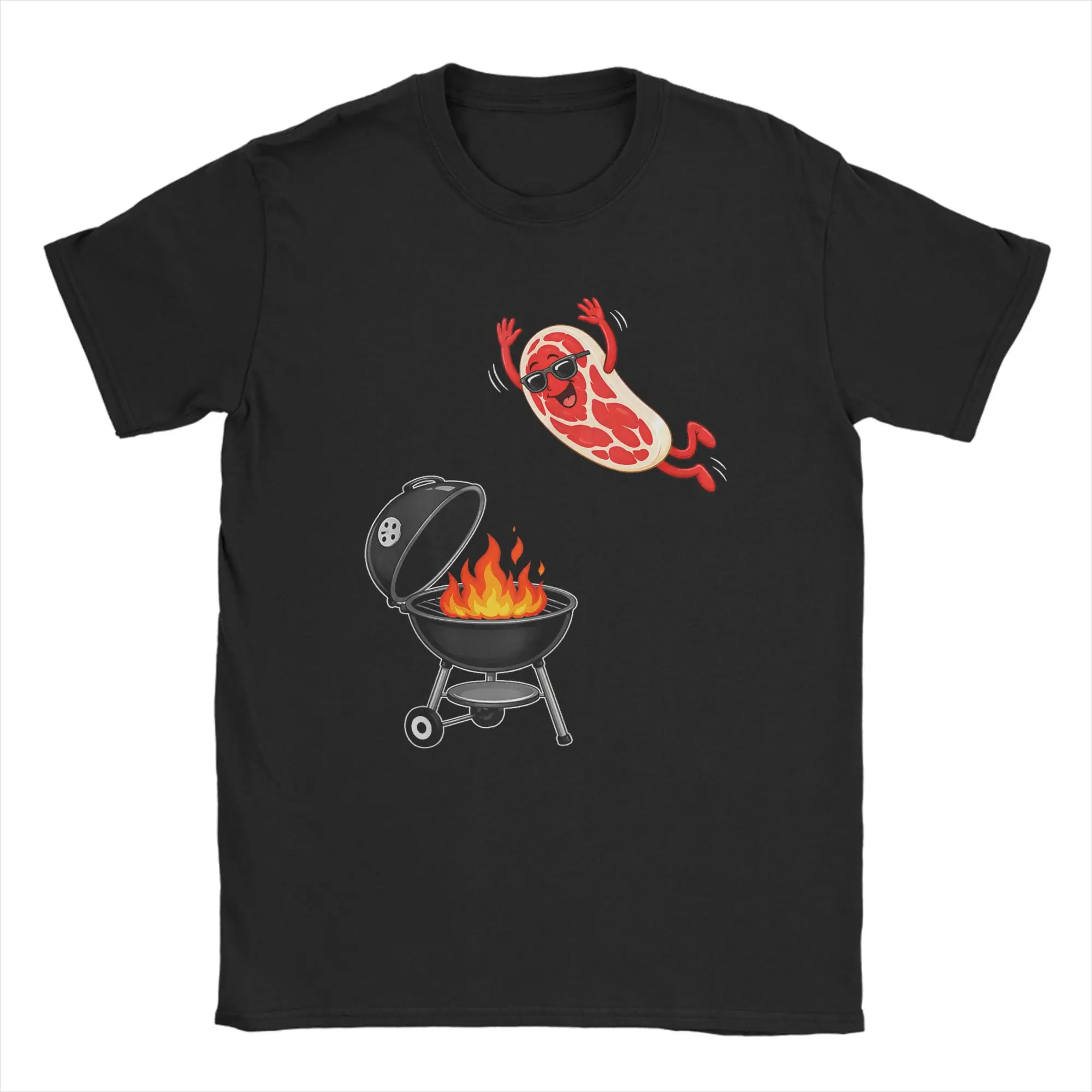 BBQ Steak Meme Cute Meat Jumping Into Grill T Shirt Men's  Funny T-Shirt Crew Neck  Tee Shirt Short Sleeve Tops Birthday Present