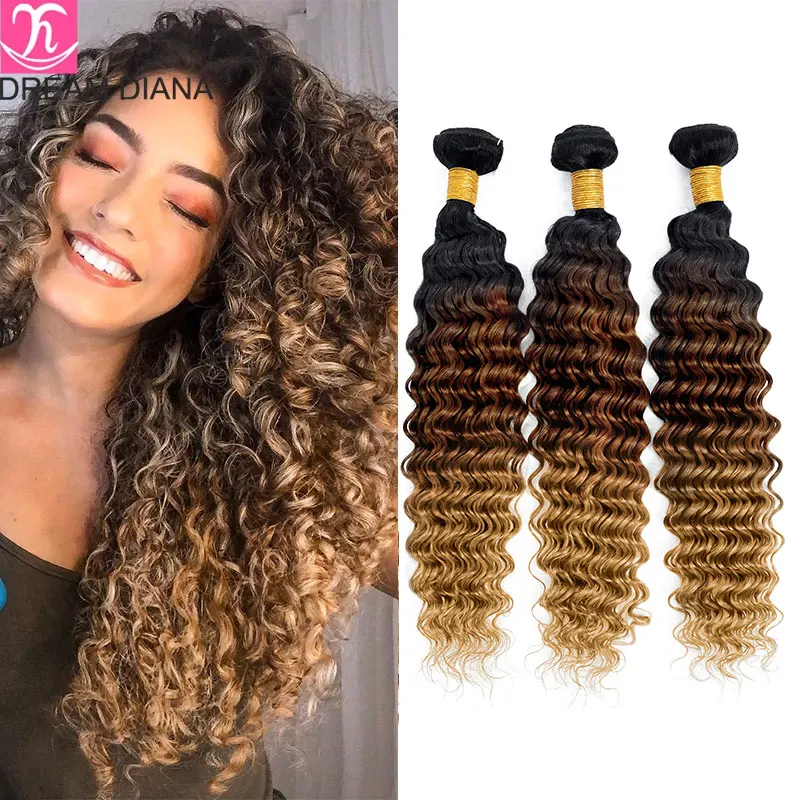 DreamDiana Remy Deep Wave Bundles 3Pcs Ombre Brazilian Deep Curly Bundles Ombre Human Hair Bundles 100% Human Hair Extensions 9A